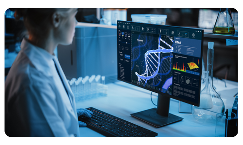 A biotech researcher reviewing DNA sequencing on a desktop computer to illustrate Hoonify's high-performance computing.  